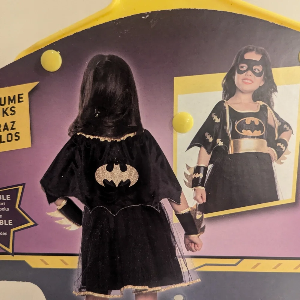🎃Batgirl Costume Gold & Black Reversible Cape/Mask/Dress/Gauntlets Sz 5-6 NWT
